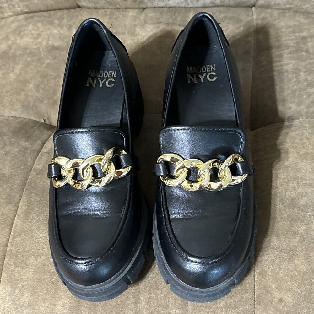 Chunky Lug Sole Loafers Shoes Women Size 9 Black Gold Chain Y2K Madden NYC